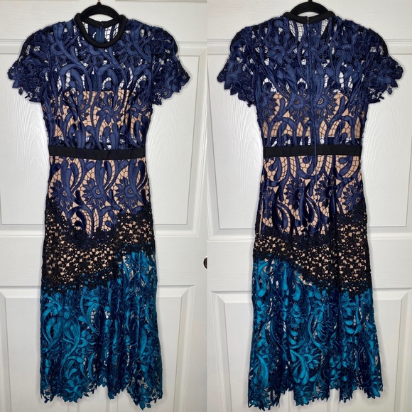 Self-Portrait Prairie Midi Dress in Blue Size 0 - Picture 4 of 14